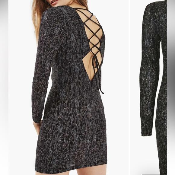 Top Shop Lace Up Back Sparkle Mini Dress Bodycon Glitter Prom Winter Formal Gown - Picture 11 of 11